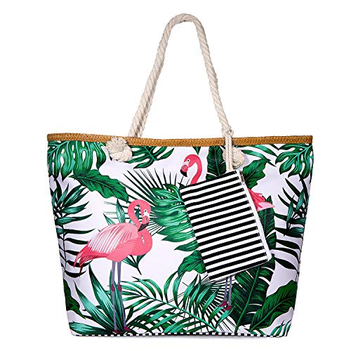 SenPuSi Große Strandtasche mit Reißverschluss Shopper Schultertasche Leinwand Sommer Schwimmbad Damen TascheVerschluss Badetasche Umhängetasche für Reise, Kaufen, Ausflug usw (Großer Flamingo)
