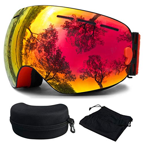 Skibrille, Ski Snowboardbrille Brillenträger Schneebrille Verspiegelt- Für Skibrillen mit Anti-Nebel UV-Schutz, Winter Schnee Sport, Austauschbar Sphärische Doppelte Linse für Männer Frauen(Rot)