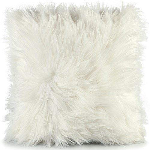 CelinaTex Deko Kissen Schaffell Lammfell Kunstfell 45x45 mit Füllung Fransen Langhaar Zierkissen Kissenbezug Fellimitat Sofakissen Cuddly Kissen weiß 5001384