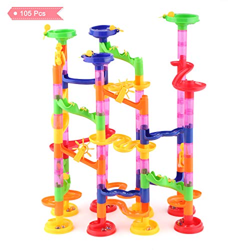 Yissvic Kugelbahn, 105pcs Mehrfarbige Murmelbahn mit Bahnelementen und Glasmurmeln pädagogisch wertvoller Spaß für Kinder ab 3 Jahre (Verpackung MEHRWEG)