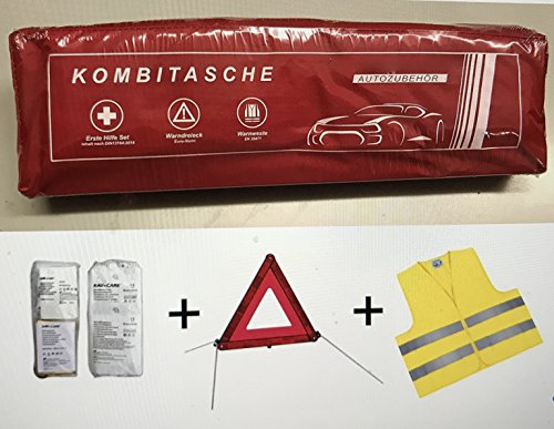 PKW KFZ Verbandkasten Verbandtasche Warndreieck Warnweste Erste Hilfe Kombitasche rot, Erste Hilfe nach DIN 13164 + Warndreieck ECE + Warnweste EN