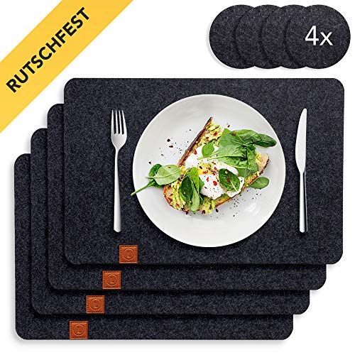 Lindenberg Living - Premium Tischset aus Filz mit Rutschfester Rückseite | 4 waschbare Platzsets und 4 Glasuntersetzer | Groß, abwischbar und abwaschbar, geeignet für Kinder | Design Platzdeckchen