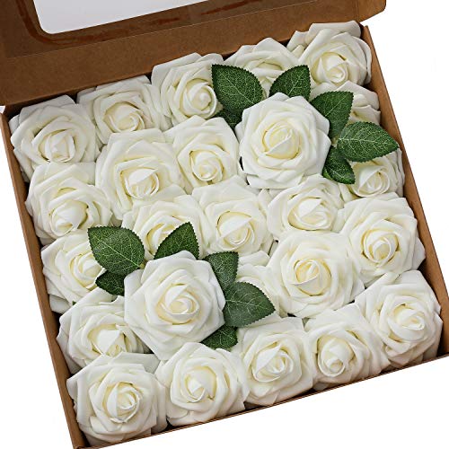 Ksnrang Künstliche Rosen Blumen Schaumrosen Foamrosen Kunstblumen Rosenköpfe Gefälschte Kunstrose Rose DIY Hochzeit Blumensträuße Braut Zuhause Dekoration (25 Stück, Elfenbein)