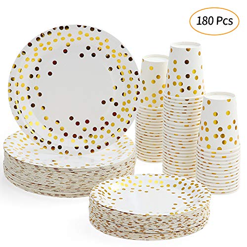 esonmus Partygeschirr Kindergeburtstag Set 60 Stück Pappbecher x 60 Stück 7In Dessertteller x 60 Stück 9In Pappteller Gold Tupfen Papier Einwegbecher & Geschirr