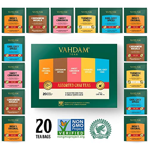 VAHDAM, Chai Tee Sampler, 5 TEAS - Tee Sortenpaket | Verschiedene Chai Teebeutel | Kardamom Teebeutel, Zimt Teebeutel, Kurkuma Masala Chai Teebeutel | 20 Ct | Chai Latte, Tee - Geschenkset