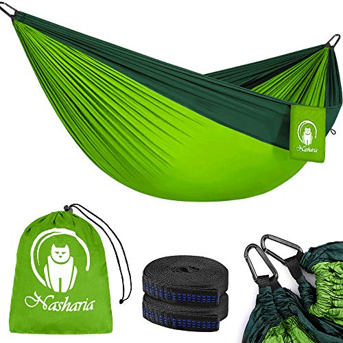 Nasharia Reise Camping Hängematte - 275 x 140 cm Atmungsaktiv, Schnelltrocknendes 210T Nylon Spinning - Fallschirmmaterial - 2 x Premium Karabiner, 2 x Nylon-Schlingen | Für Outdoor Drinnen Garten