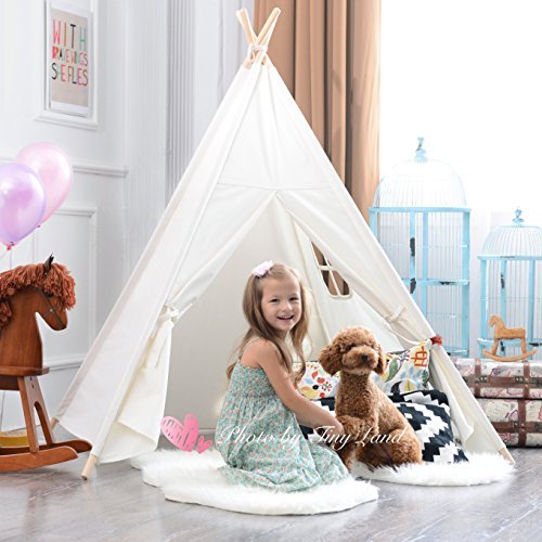 Tipi Spielzelt für Kinder mit Bodenmatte Baumwolle - Segeltuch Kinderzelt Indianer (Weiß)