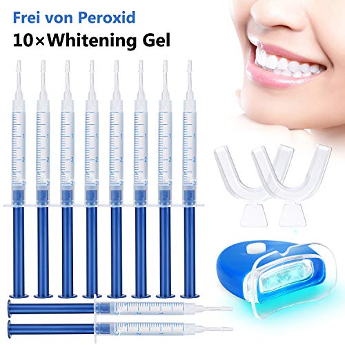 Teeth Whitening Kit MayBeau Bleaching Gel(Frei von Peroxid) Zahnaufhellungs Set Bleichsystem Home Bleaching Kit für weiß Zähne 10x Teeth Whitening 2x Dental Trays Gel Kit & Laserlicht