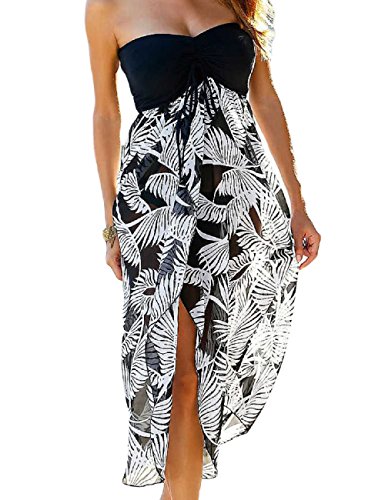 LRUD Damen Bohemian Blumendruck Schulterfrei Knielang Strandkleid Schwarz Weiß Sommerkleid Frauen Bademode, M, Schwarz-weiß