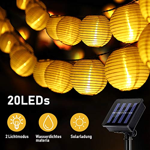 Solar lampion, SKEY Solar Lichterkette Lampion Außen 20 LED Laternen 2 Modi Wasserdicht Solar Beleuchtung für Garten, Hof, Hochzeit, Fest Deko (Warmweiß) [Energieklasse A+++]