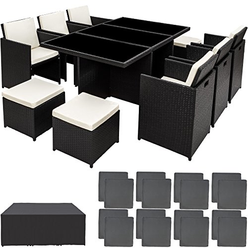 TecTake Poly Rattan Aluminium Gartengarnitur Sitzgruppe 6+1+4, Edelstahlschrauben - diverse Farben - (Schwarz | Nr. 401454)