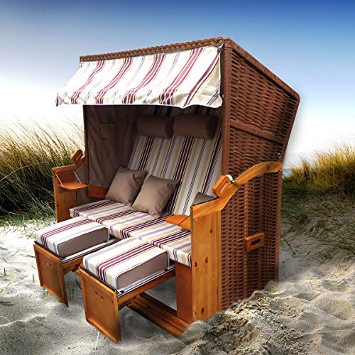 BRAST Strandkorb Ostsee 3-Sitzer 160cm breit Rot Beige gestreift XXL Volllieger incl. Schutzhülle Gartenliege Sonneninsel Poly-Rattan