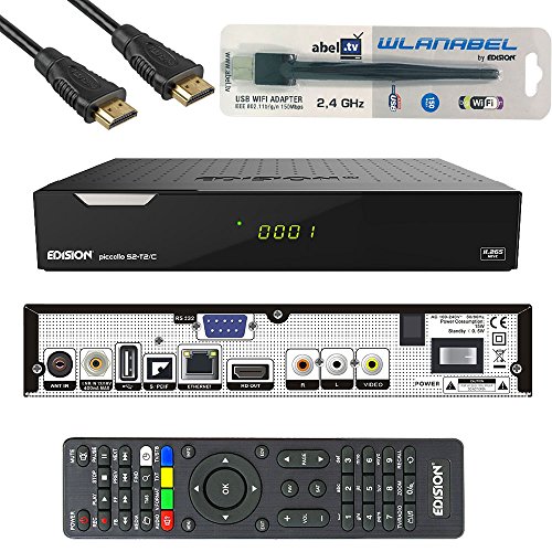 Edision Kabelreceiver Piccollo S2+T2/C Full HD HDTV DVB-C/T2/S2 (HDMI, AV, USB 2.0,Display,IR-Auge,CA,CI,LAN,WLAN) inkl.Kabelabel HDMI Kabel