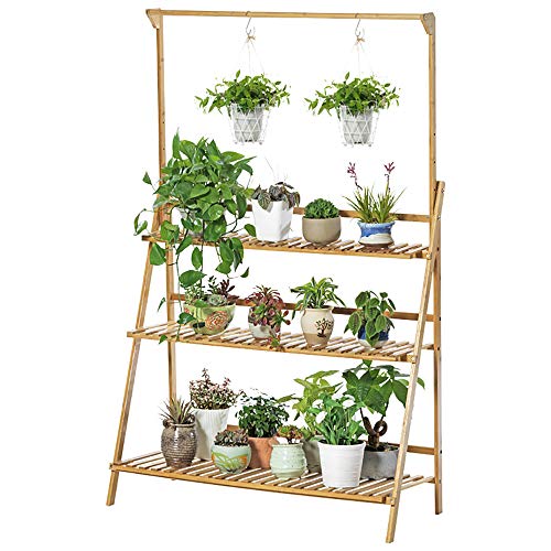 medla Blumenregal Pflanzentreppe aus Massivholz für mehr Pflanzen und Blumenampel, Blumenständer Klappbar für Innen-Balkon Wohzimmer Outdoor Garten Dekor, ca.70 x 40 x 96cm, Braun