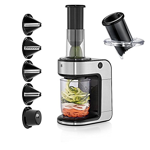 WMF KULT Pro Spiralschneider elektrisch, 5 Schneideeinsätze (Tagliatelle,Linguine,Spaghetti,Pappardelle,Tornados), 1 Extra-Aufsatz (Raspeln & Scheiben), für Obst-/ Gemüsenudeln, 80W, cromargan matt