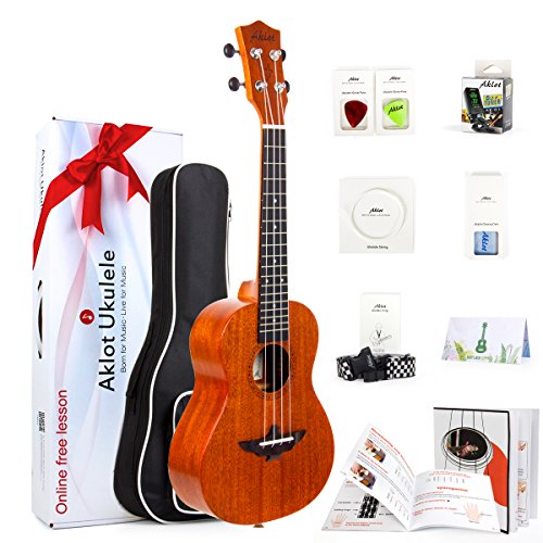 Aklot Ukulele Solides Mahagoni 23 Zoll Konzert Uke mit Kostenlosen Online Kurs 8er Pack Anfänger Starter-Set (Gigbag Plektren Stimmgerät Gürtel Reinigun ...