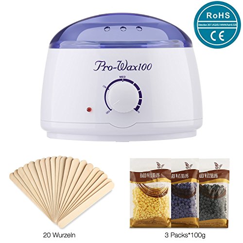 ROMEKER Wachswärmer Wax Warmer Heisswachs Haarentfernung Enthaaren Wachserhitzer Waxing Kit Wachsgerät mit Thermostat 80℃- 110℃ Behälter 500ml, Flüssiges Wachs in 10 min, 3 verschiedene Wachsbohnen, 20 Holzspateln, EU Stecker