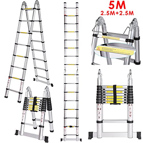 5 M Teleskopleiter Auszeihleiter aus Hochwertigem Aluminium Leiter Aluleiter Mehrzweckleiter Teleskop Design bis 150 Kg Belastbar (5 M 2.5+2.5)