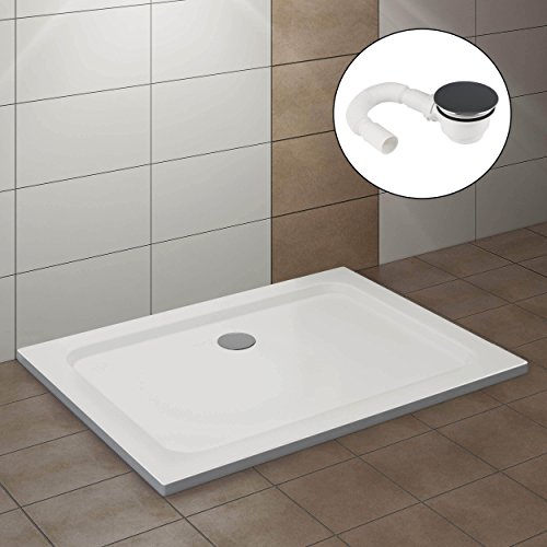 VILSTEIN Duschwanne 90 x 120 x 5 cm, sehr Flach, Duschtasse mit Gefälle, Sanitär-Acryl, Glasfaser verstärkte Wanne, DIN-Anschluss, Form: Rechteck, Weiß, Schneeweiß Hochglanz - mit Ablaufgarnitur
