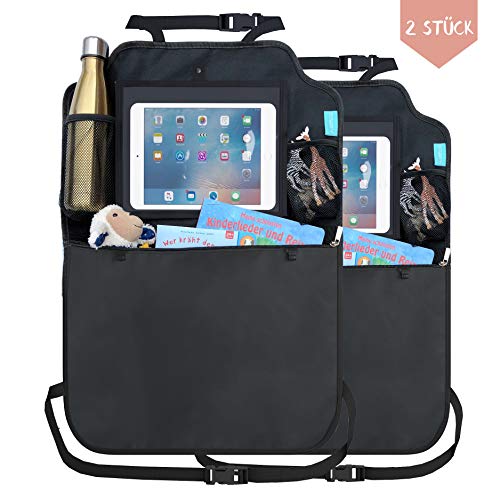 Premium Rückenlehnenschutz (2 Stück) Autositz Organizer für Kinder - Trittschutz wasserdicht Autositzschoner Rücksitztasche + Tablet iPad Fach | Rücksitz Taschen Kickmatte Schutz vor Schmutz