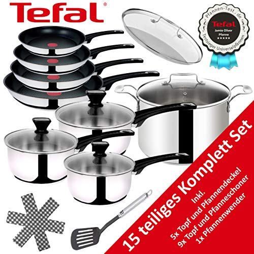 Tefal B12599 Jamie Oliver Edelstahl Topfset Pfannenset 15 TLG, Töpfe und Bratpfannen Set mit 5 Glasdeckel, Induktionsgeeignet, Pfannen 20, 24,26 und 28cm Antihaftbeschichtet, Kochtopf 16,18,20,24cm