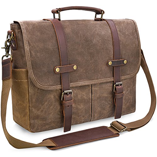 NEWHEY Herren Umhängetaschen Aktentasche Laptoptasche Wasserdichte Canvas Groß  Arbeitstasche Messenger Bag Männer Vintage 15.6 Braun