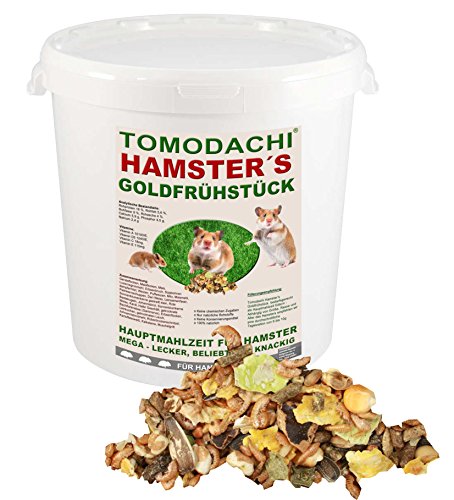 Hamsterfutter mit tierischem Eiweiß, Alleinfuttermittel für Hamster mit Bachflohkrebsen (Gammarus), leckerem Gemüse, Körnern und Saaten, Tomodachi Hamster's Goldfrühstück 1kg Eimer