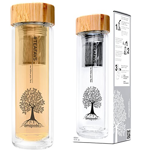 amapodo Teeflasche Teekanne Teebereiter Tee-Glas doppelwandig mit Edelstahl Tee-Sieb Flasche Trinkflasche Isolierflasche