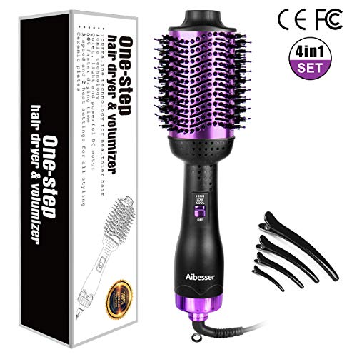 Aibesser One Step Haartrockner Multifunktionaler Warmluftbürste Hair Styler Volumenbürste Heißluftkamm Haarglätter Negativer Ionenfön Lockenbürste Lockenwickler mit Haarspangen(Violett)