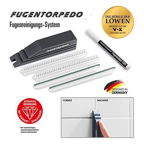 Fugentorpedo 00896 XL-Set | 1x Griff, Fugenbürste, 2X Schleifsteg 3mm & 1 x Fugenschutzstift | Effektive Fugenreinigung und-versiegelung | Für Zementfugen in Küche und Bad, Schwarz, One Size