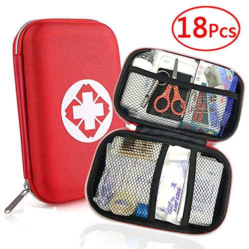 Erste Hilfe Set, Mini First Aid Kit für Notfälle in der Familie - Ideal für Zuhause Auto Reisen Camping und Outdoor Aktivitäten, 18 Stück in Roter Halbharte Tasche JAANY