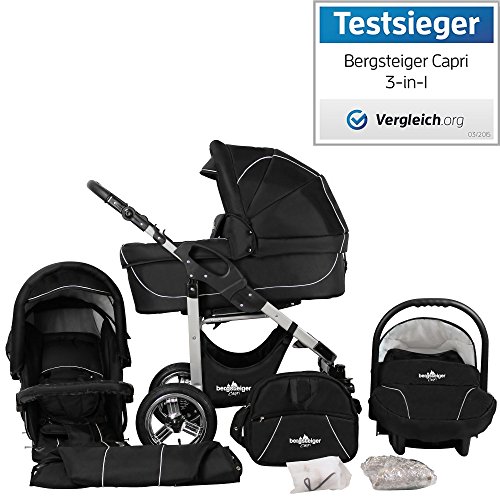 Bergsteiger Capri Kinderwagen 3 in 1 Kombikinderwagen Megaset 10 teilig inkl. Babyschale, Babywanne, Sportwagen und Zubehör