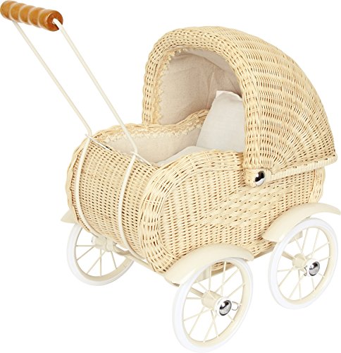 small foot 8750 Puppenwagen 'Korbgeflecht', Kinderpuppenwagen mit beweglichem Verdeck und Wäsche, ab 3 Jahre