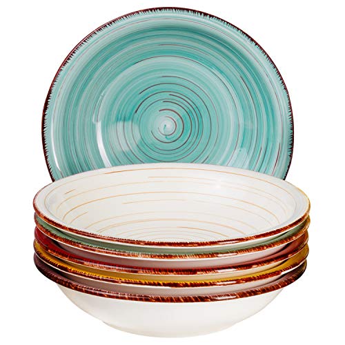 MamboCat Teller-Set Rimini für 6 Personen | Suppenteller Tief | 650 ml | Salat-Teller | Runde Servier-Schale | Porzellan-Schüssel | Handbemalt | Mehrfarbig