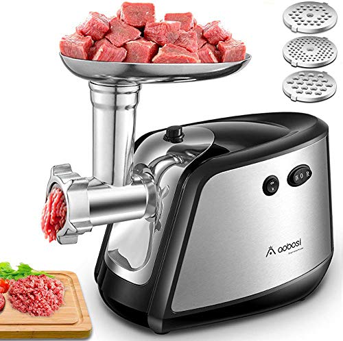 Aobosi Elektrischer Fleischwolf 3-IN-1 Multi Fleischwolf mit 3 Edelstahl-Schleifplatten, Kubbe & Wurstfüllrohren,Reverse-Funktion｜1200W MAX Hochleistungsmotor für schnelles und feines Schleifen