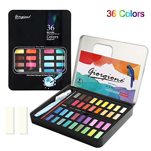 Aquarellfarbkasten, Aquarellfarben Set einschließlich 36 Wasserfarben +1 Aquarellpinsel + 1 Wassertankpinsel + 8 Aquarellpapier + 1 Bleistift + 2 Wasser absorbierender Schwamm +1 Weiße Aquarellfarbe