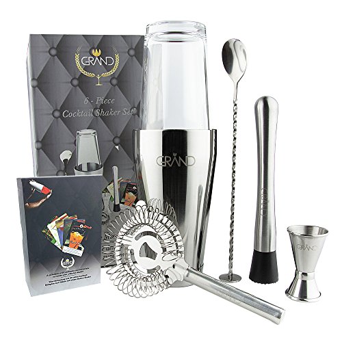 GRAND Cocktailset mit Boston Cocktail Shaker | Ideal für Zuhause oder die Bar | 6er Set Inklusive 50 Cocktail Rezeptkarten. Premium Barkeeper Cocktailshaker Set