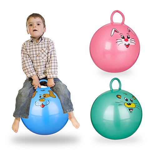 Relaxdays 3X Hüpfball Kinder im Set, mit Griff, für Drinnen und Draußen, mit Tier-Motiv, Weich, 45 cm Durchmesser, Blau, Grün, Pink