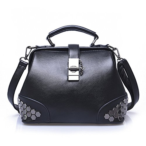 Neu Trend Retro Nieten Arzttaschen Handtaschen Portable Schultertasche Umhängetasche,Black-OneSize