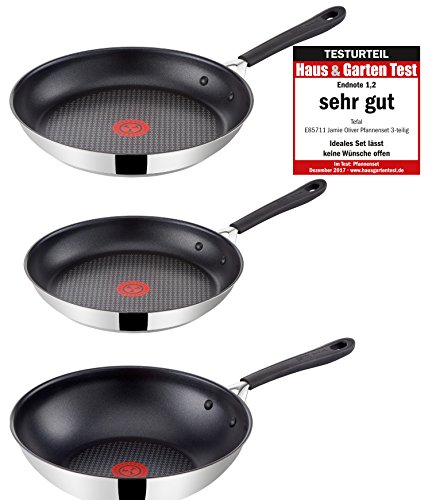 Tefal E85711 Jamie Oliver Pfannenset 3-teilig, 24 und 28 cm Pfanne, 28 cm Wokpfanne, Pfannen mit Antihaftbeschichtung, Induktionsgeeignet, Edelstahl Bratpfannen, inkl. 3 Pfanneneinlagen aus Filz 38 cm
