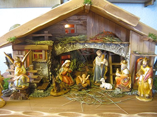 Bergbauern Weihnachtskrippe mit 10-Fachbeleuchtung und Figuren