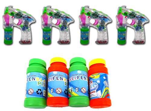 Brigamo 18B002 - 4 x Seifenblasenpistole mit Seifenblasen Nachfüllflasche, inkl. LED Licht & OHNE nervigen Sound
