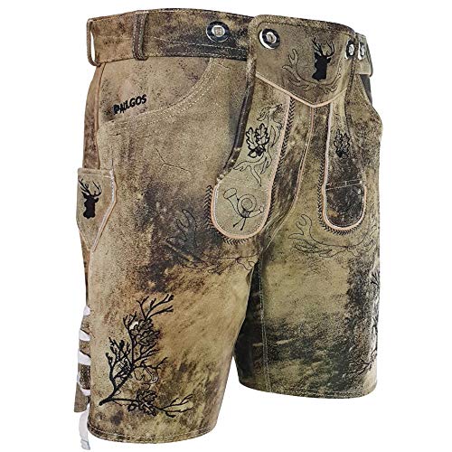 PAULGOS Herren Trachten Lederhose + Träger, Echtes Leder, Kurz in 2 Farben Gr. 44-60 HK3 Antik