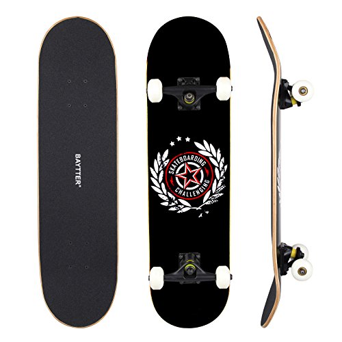 BAYTTER Skateboard Komplett Board Funboard 79x20cm mit 7-lagigem Ahornholz und ABEC-11 Kugellager 95A Rollenhärte, für Kinder, Jugendliche und Erwachsene, 3 Farben wählbar (schwarz)