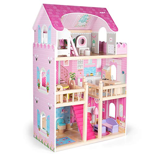 Kledio Puppenhaus aus Holz für Mädchen und Jungen ab 3 Jahren, extra große XL Puppenstube, Kinder Spielzeug aus Holz FSC 100%, inkl. 16-teiliges Zubehör