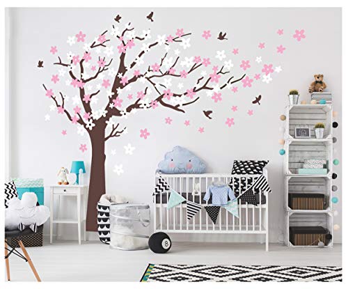 Bdecoll Wandaufkleber Kirschbaum Weiß Baum Wandsticker für Kinder Schlafzimmer/Natur Vögel Art Dekor Heim Bunt aufkleber,Aufkleber/Sticker,Vinyl, für Kinderzimmer (Braun)