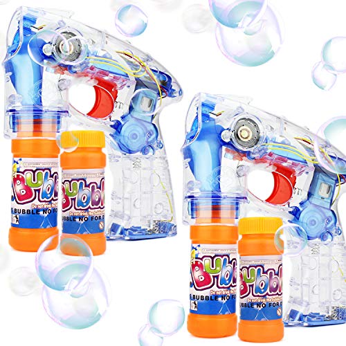 Mabax 2X Seifenblasen-Pistole mit 4X Seifenblasenlösung | LED-Licht - Sound - Handlich | Für Party - Karneval - Fasching - Hochzeit - Events | HBT: 16 x 13 x 5 cm - transparent