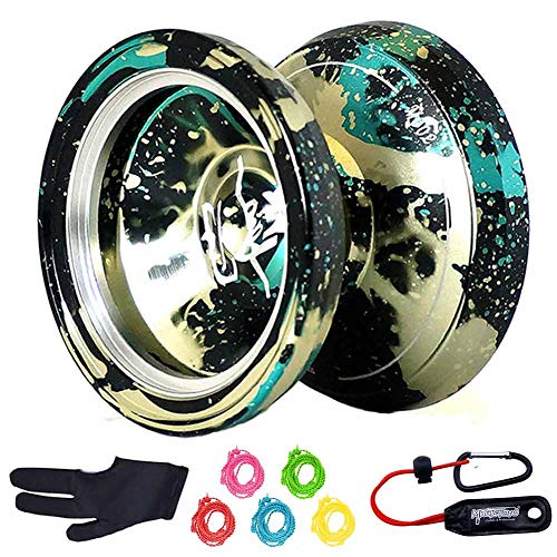 MAGICYOYO & Yostyle M002 April Unresponsive Yo-Yo Professional Metal Yoyo Black Green spalsh Silver with 5 Yoyo Strings and Glove Gift