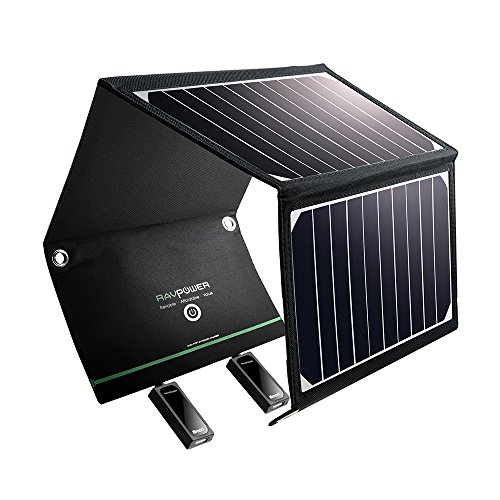 RAVPower 16W Solarladegerät Outdoor Charger mit 2 iSmart-USB-Port (21,5-23,5% Sonnenlichtumwandlung, leicht, faltbar, wasserdicht, 4 Löcher zur Aufhängung) für Camping Wanderung Bergsteigerei / Disaster Prevention für Andriod Smartphone Tablets Apple iPhone iPad usw.