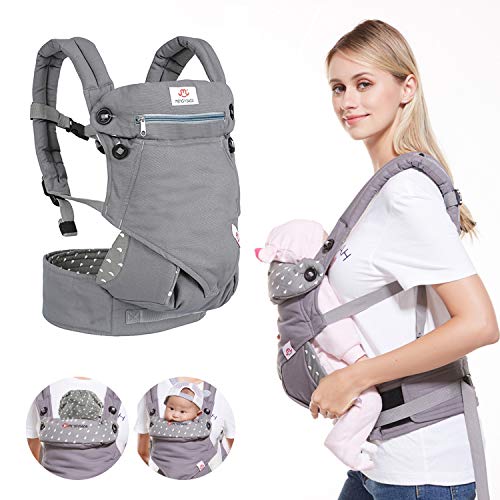 BelleStyle Babytrage - Reine Baumwolle, Atmungsaktiv, Verstellbar Ergonomische Kindertrage/Baby Rückentrage für Neugeborene & Kleinkinder von 0 bis 3 Jahren (3,5 bis 20 kg) - Grau